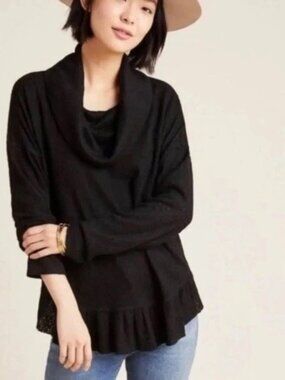 Maeve Size Large Black Addie Ruffled Hacci Pullover Sweatshirt